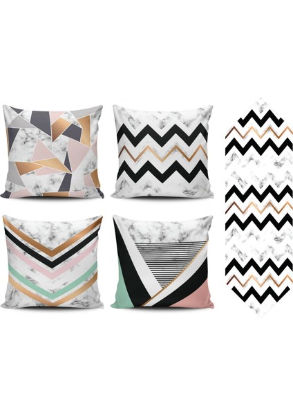 Mermer Desenli 4lü Kombin Kırlent Kılıfı+Runner
