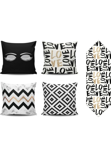 Siyah Renkli Modern Desenli 4lü Kombin Kırlent Kılıfı+Runner