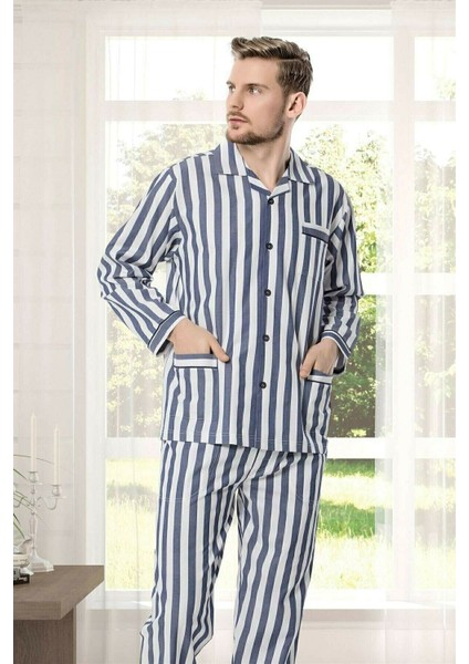 Çizgili Lacivert Gaffur Poplin Pijama Takım