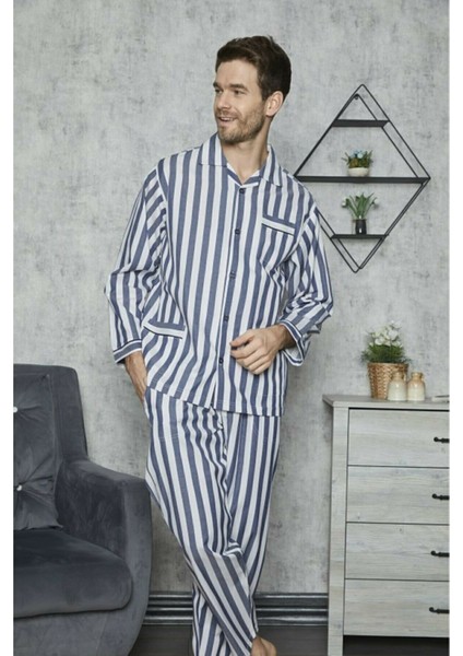 Çizgili Lacivert Gaffur Poplin Pijama Takım