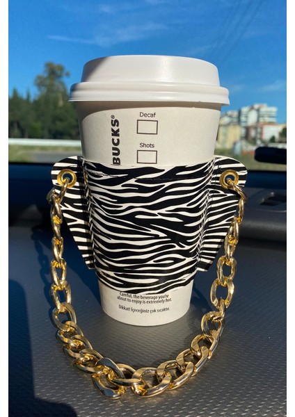Kadın Zebra Zincirli Coffee Cup Sleeve Deri Bardak Tutacağı