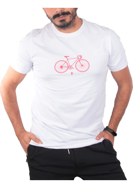 Erkek Likralı Kumaş Bisiklet Baskılı Beyaz T-Shirt
