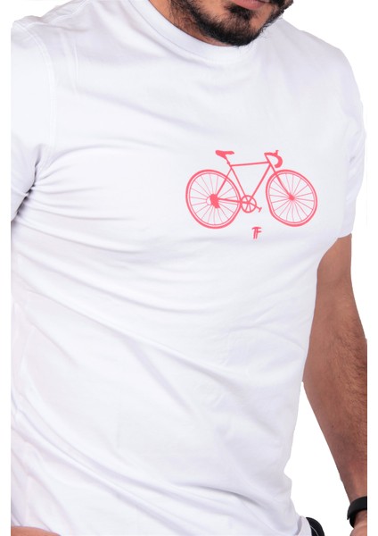 Erkek Likralı Kumaş Bisiklet Baskılı Beyaz T-Shirt fiyatları
