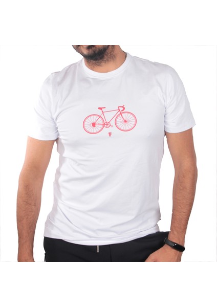Erkek Likralı Kumaş Bisiklet Baskılı Beyaz T-Shirt modelleri