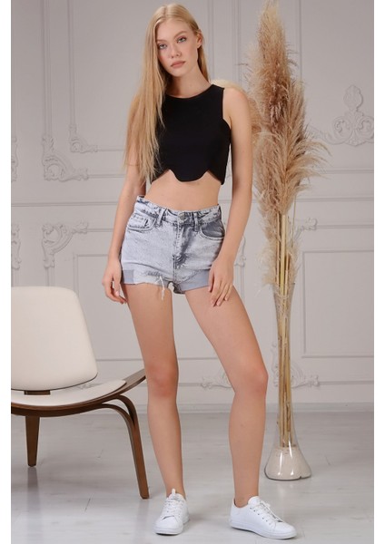 Taş Yıkama Mini Jean Kadın Şort 2430-877 Gri