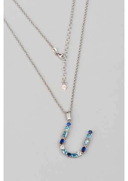 U Harfi Gökkuşağı Renkli 18 Ayar Beyaz Altın Kaplama Gümüş Kolye