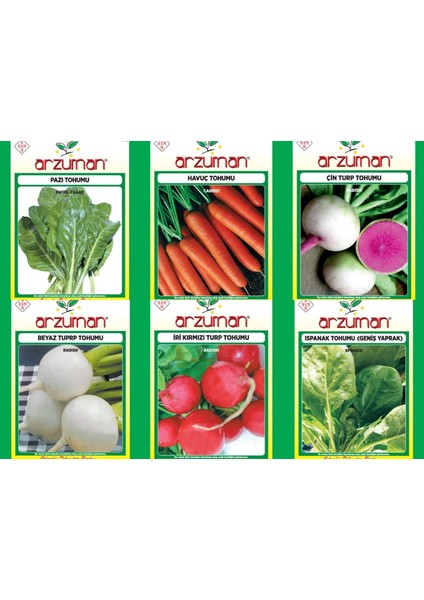 Havuç-Kırmızı Turp-Beyaz Turp-Çin Turp-Ispanak-Pazı 6'lı Tohum Seti