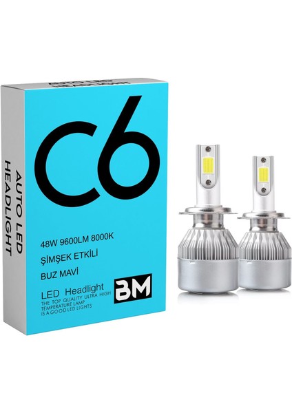 Buz Mavi C6 LED Xenon 2 Adet H7 LED Xenon 48W 6900LM 8000K Far Ampülü Seri - Bm -