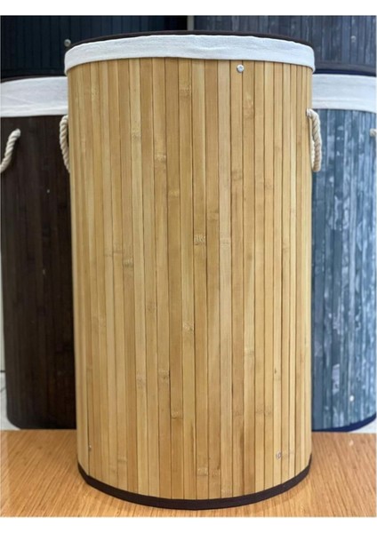 Bambu Katlanabilir Yuvarlak Kirli Çamaşır Sepeti Sütlü Kahve