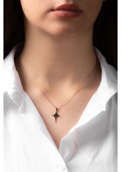 Kutup Yıldızı 925 Ayar Gümüş Zirkon Taşlı Rose Kadın Kolye modelleri