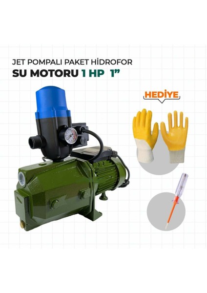 Alman Type Jet Pompalı Otomatik Paket Hidrofor Su Motoru 1 Hp 1" Eldiven + Kontrol Kalemi