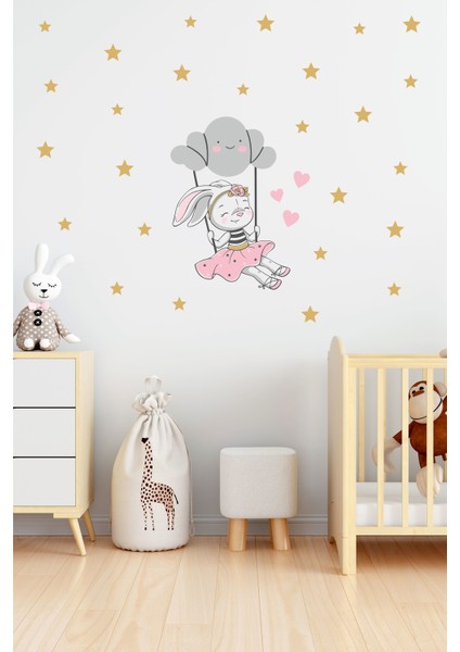 Bulutta Sallanan Sevimli Tavşan Çocuk Odası Duvar Sticker
