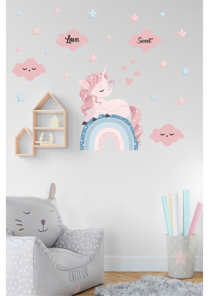 Gökkuşağı Üzerindeki Pembe Unicorn ve Gökyüzü Çocuk Odası Duvar Sticker