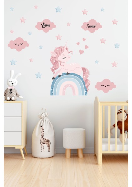 Gökkuşağı Üzerindeki Pembe Unicorn ve Gökyüzü Çocuk Odası Duvar Sticker fiyatları