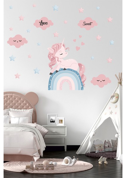 Gökkuşağı Üzerindeki Pembe Unicorn ve Gökyüzü Çocuk Odası Duvar Sticker modelleri