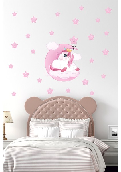 Pembe Ay Üzerinde Uyuyan Sevimli Unicorn Çocuk Odası Duvar Sticker