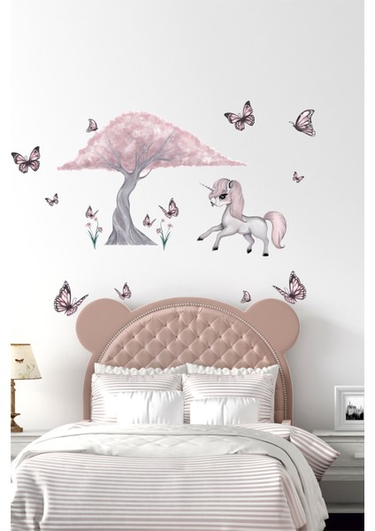 Sevimli Unicorn, Ağaç ve Kelebekler Çocuk Odası Duvar Sticker