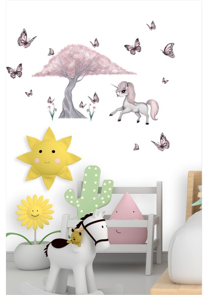 Sevimli Unicorn, Ağaç ve Kelebekler Çocuk Odası Duvar Sticker fiyatları