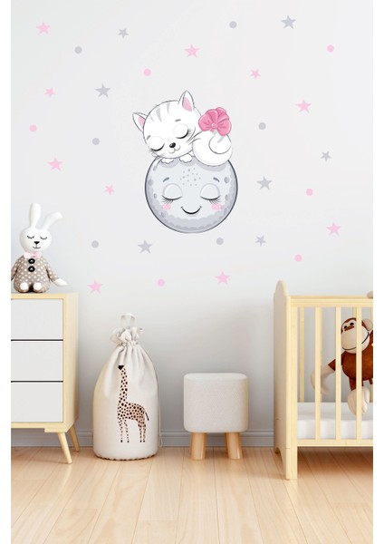 Ayda Uyuyan Sevimli Kedi Çocuk Odası Duvar Sticker