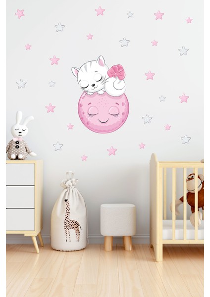 Ayda Uyuyan Sevimli Kedi Çocuk Odası Duvar Sticker