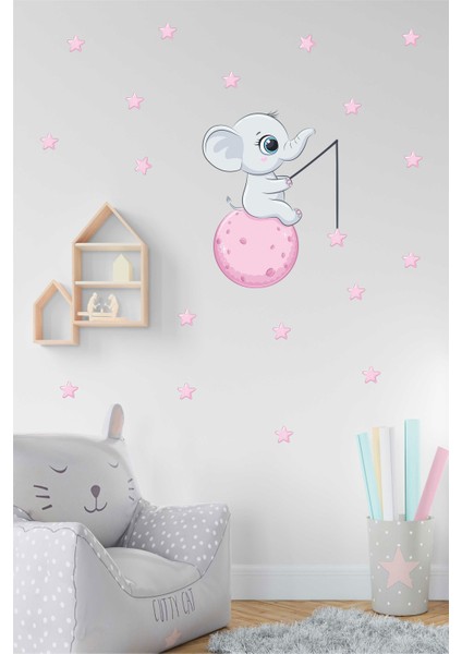 Ayda Oturan Sevimli Fil Çocuk Odası Duvar Sticker fiyatları