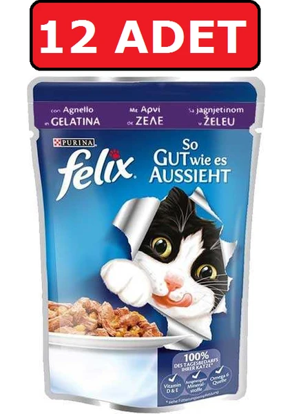 Felix Kuzu Etli Yaş Kedi Mama 100 gr x 12 Adet Islak Mama Pouch