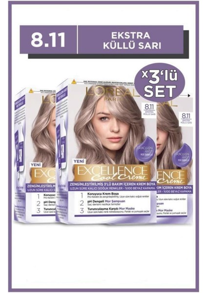 Loreal Paris Loreal Excellence Saç Boyası 8.11 Ekstra Küllü Sarı 3'lü Set