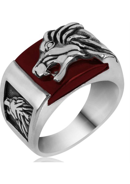 925 Ayar Gümüş Aslan Figürlü Akik Taşlı Erkek Yüzük