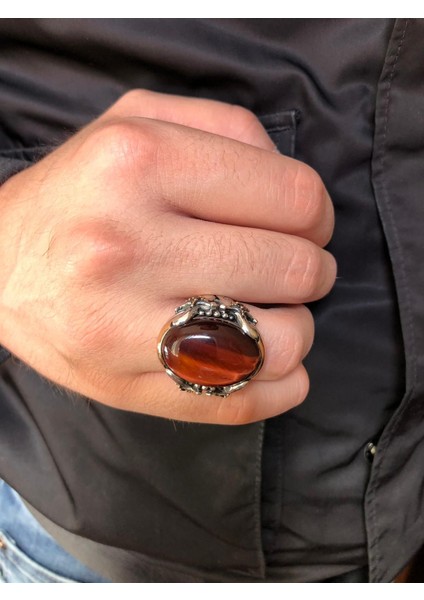 Gümüş Kırmızı Kaplan Gözü Taşlı Kelime-I Tevhid Işlemeli Kılıç Model Erkek Yüzük fırsatları