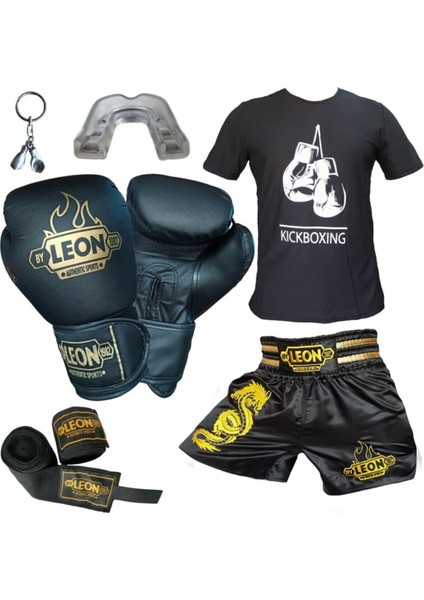 Boks Eldiveni, Leon Dragon Kick Boks Şortu, Tişört, Bandaj, Dişlik Seti Siyah