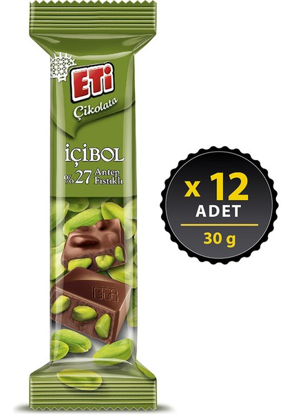 İçibol %27 Antep Fıstıklı Çikolata 30 g x 12 Adet