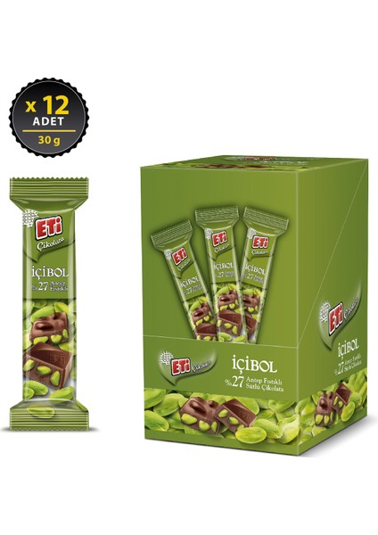 İçibol %27 Antep Fıstıklı Çikolata 30 g x 12 Adet