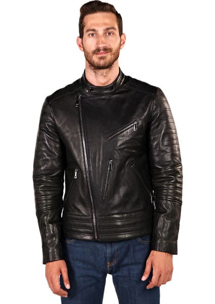Biker Yan Fermuarlı Deri Spor Mont
