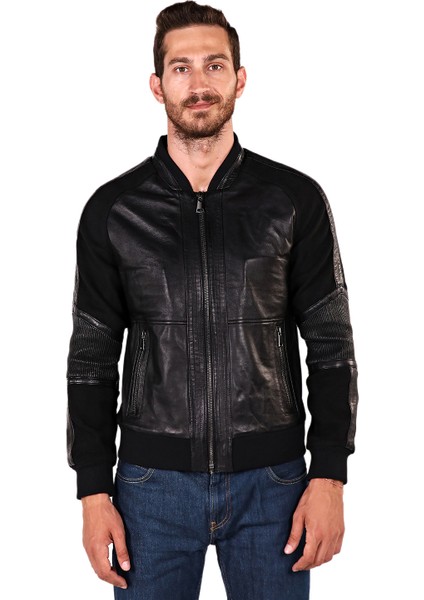 Kaşe Garnili Deri Bomber Mont