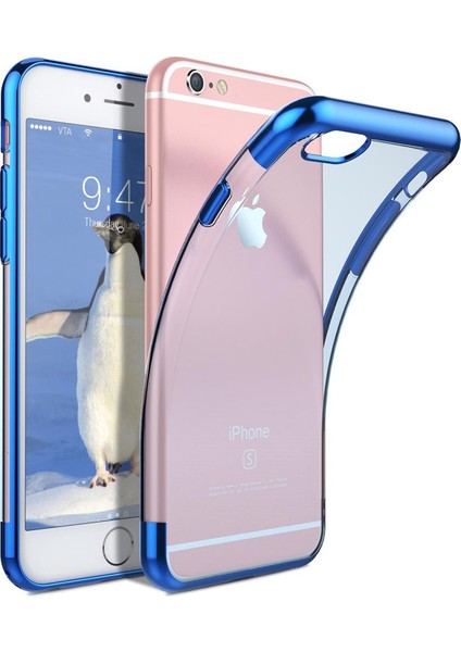 iPhone 6 / 6s Kılıf Köşeleri Lazer Boyalı Şeffaf Silikon Mavi