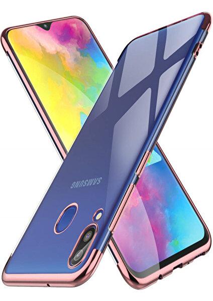 Samsung Galaxy M30 Kılıf Köşeleri Lazer Boyalı Şeffaf Silikon Rosegold