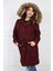 Bordo Kadın Peluşu Çıkarılabilir Gabardin Kumaş Kaban Mont 4