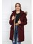Bordo Kadın Peluşu Çıkarılabilir Gabardin Kumaş Kaban Mont 5