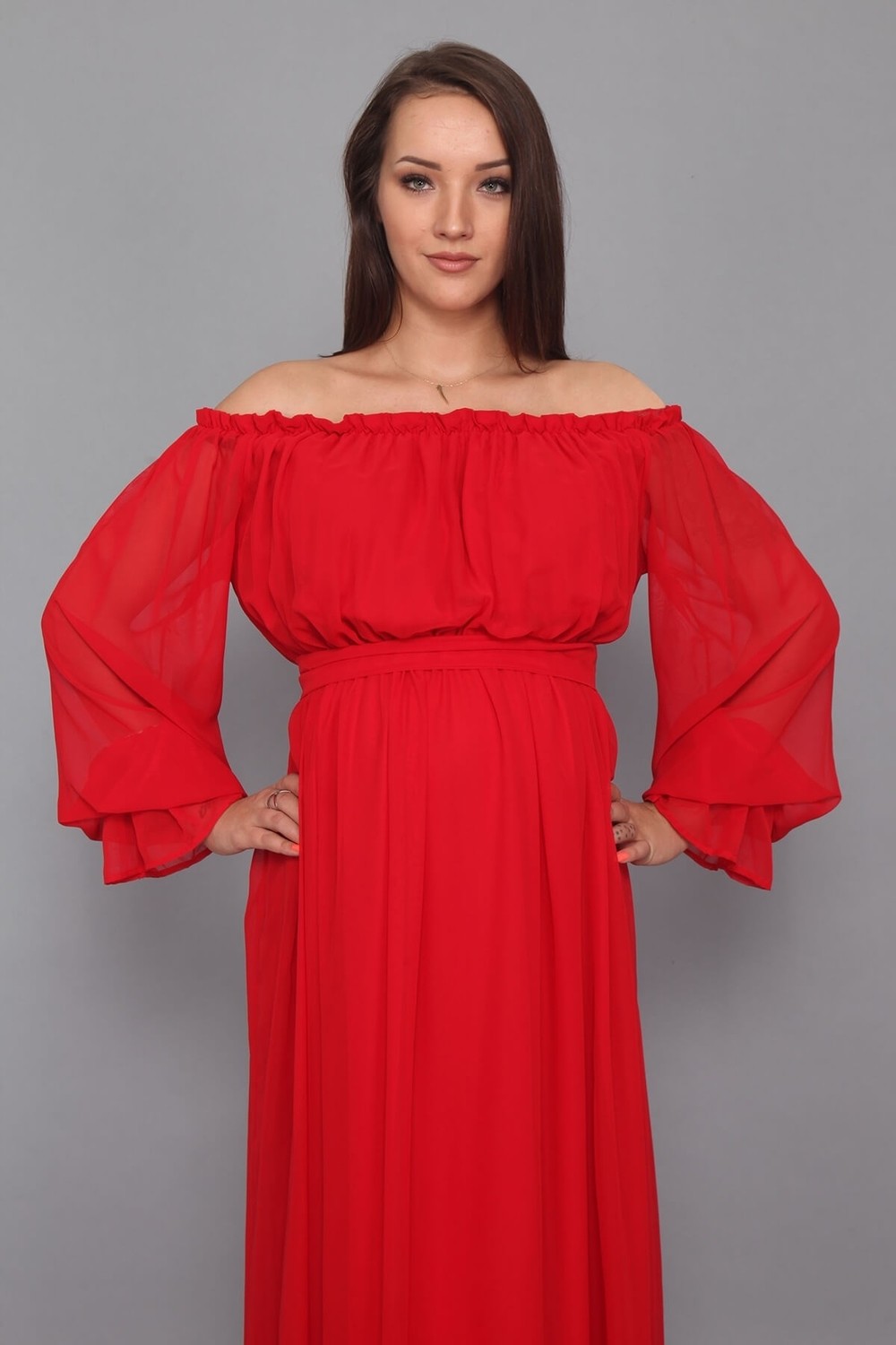 Moda Labio Babyshower Dökümlü Kırmızı Hamile Elbisesi görsel 2