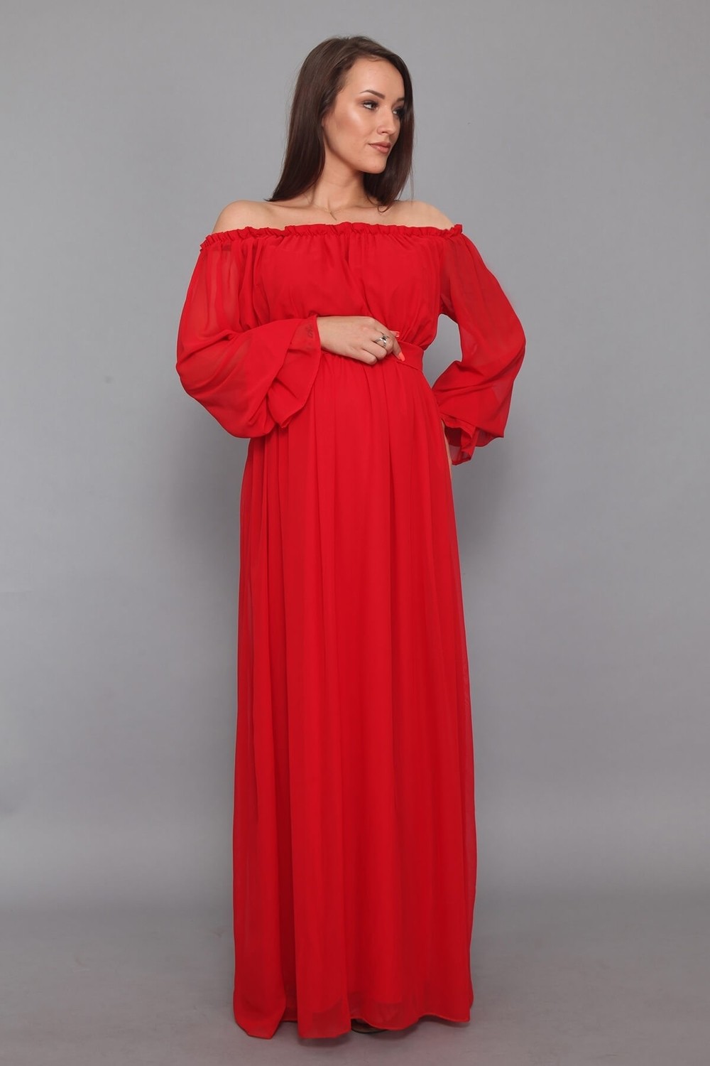 Moda Labio Babyshower Dökümlü Kırmızı Hamile Elbisesi görsel 3