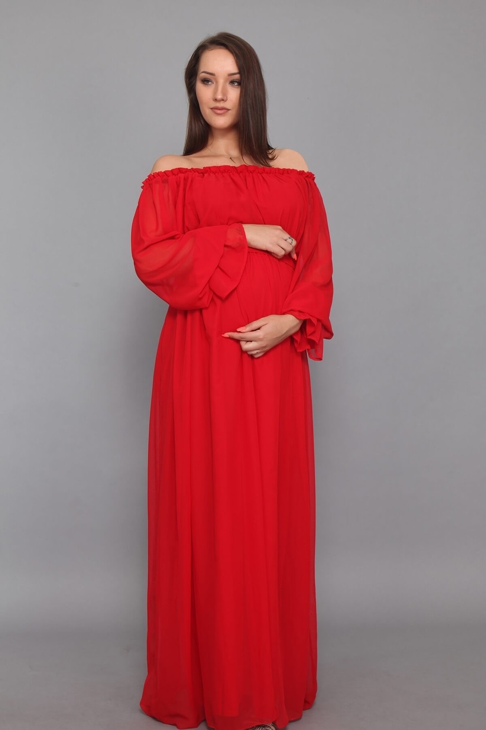 Moda Labio Babyshower Dökümlü Kırmızı Hamile Elbisesi görsel 4