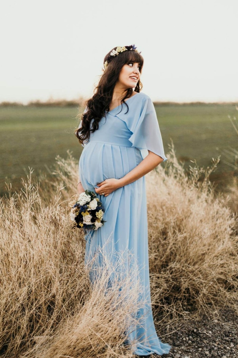Moda Labio Babyshower Melek Kol Bebe Mavi Hamile Elbisesi görsel 4