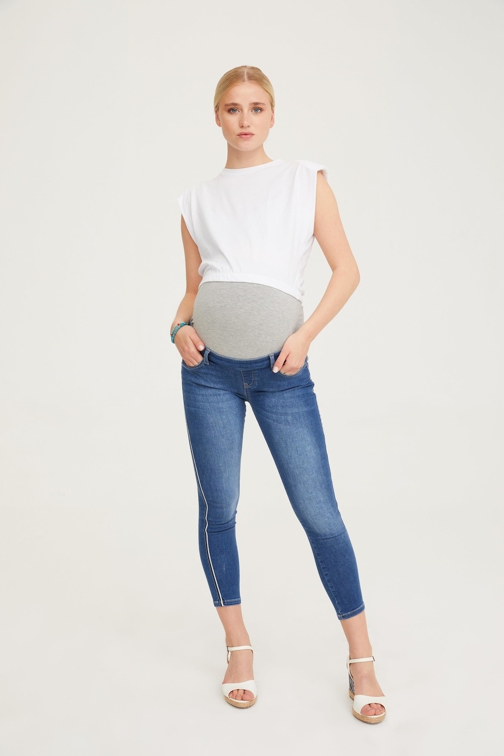 Vavien Hamile Skinny Jean Likralı Şerit Detaylı Pantolon Mavi 1086
