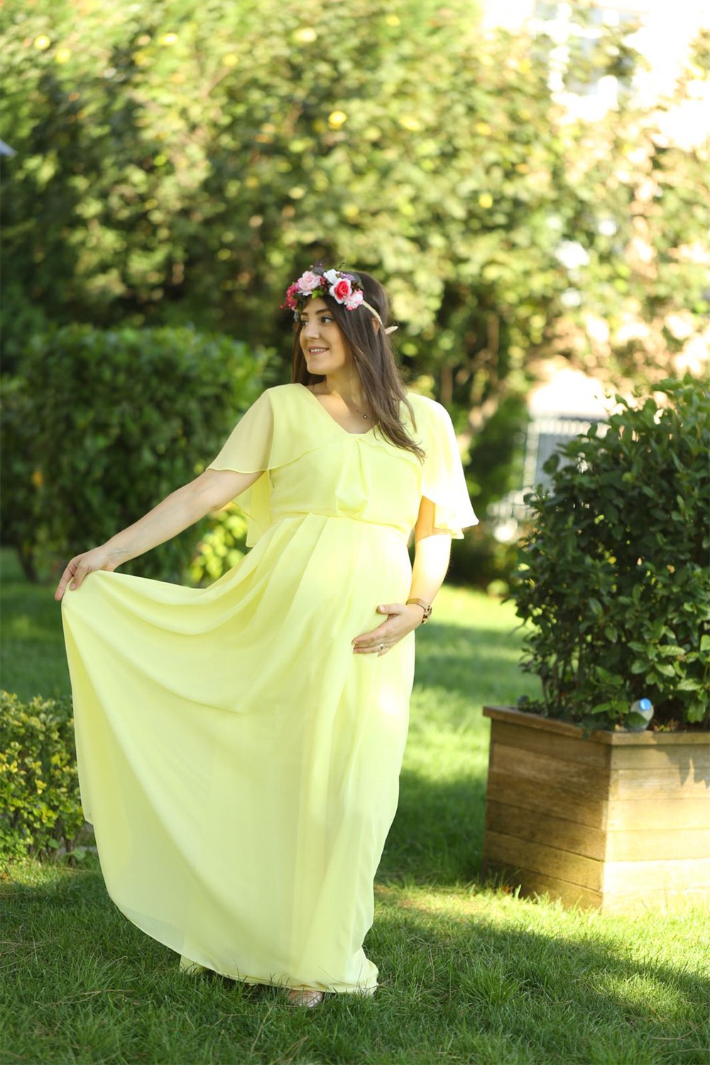 Moda Labio Babyshower Melek Kol Sarı Hamile Elbisesi