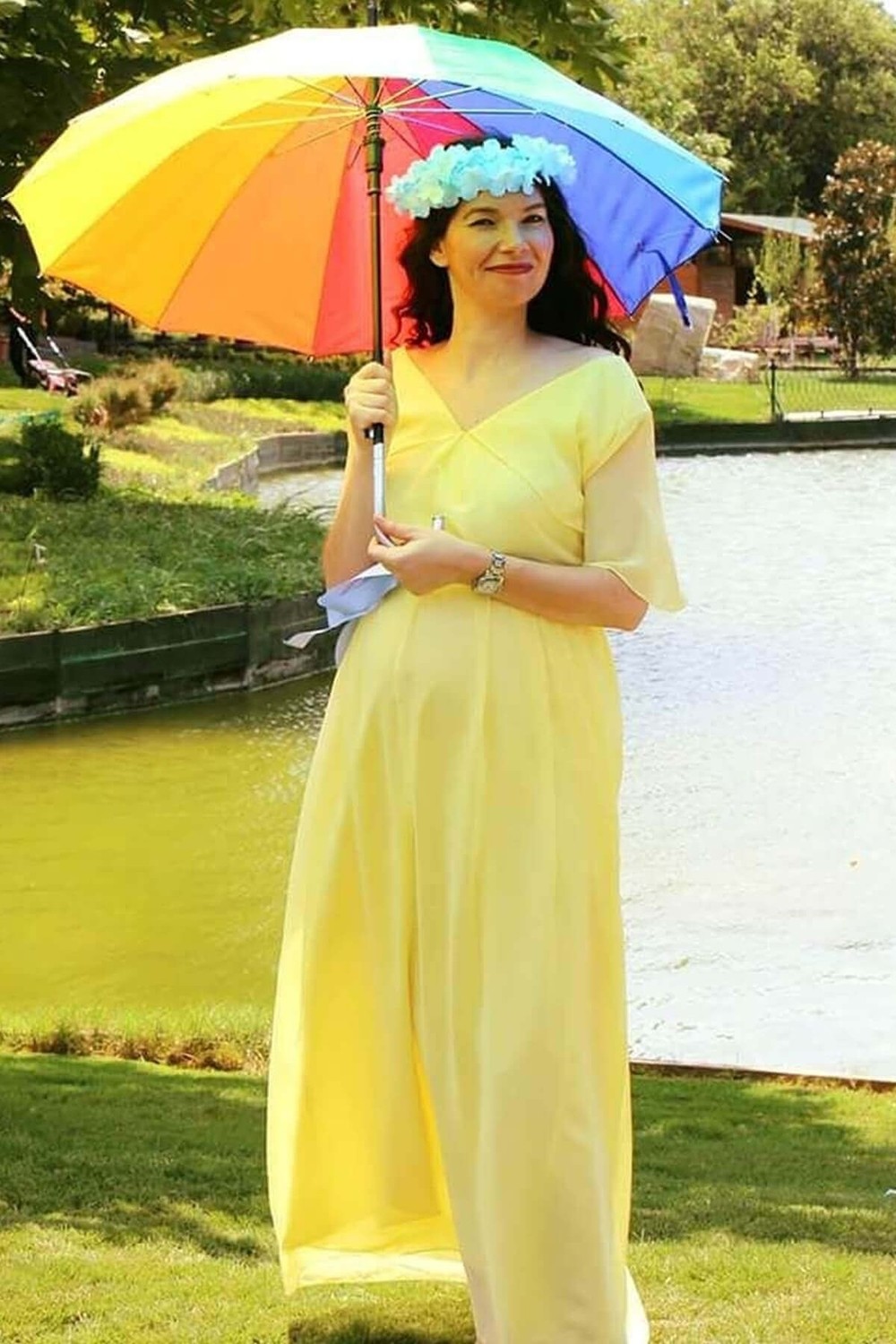 Moda Labio Babyshower Melek Kol Sarı Hamile Elbisesi görsel 3