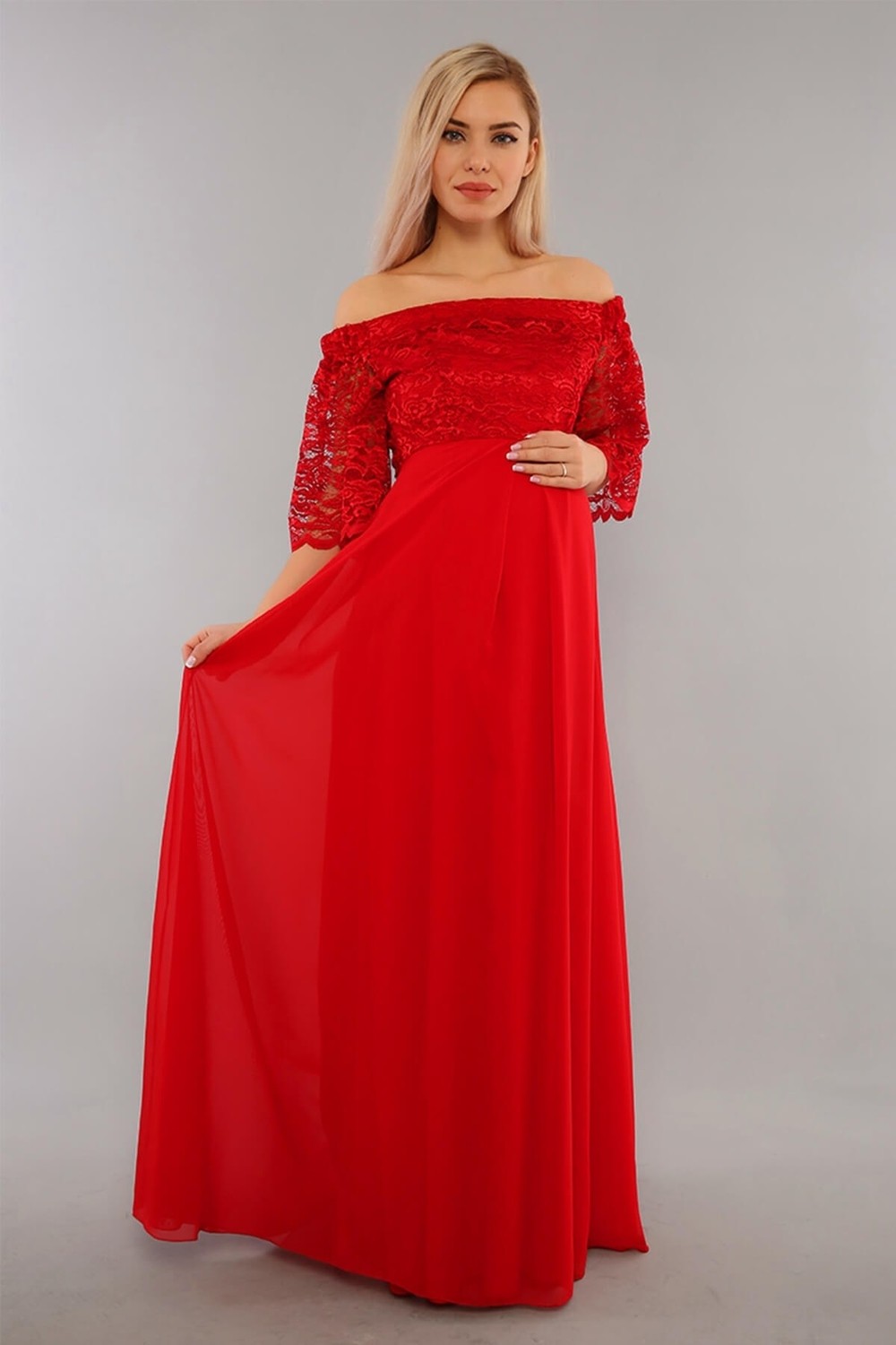 Moda Labio Düşük Omuz Kırmızı Dantel Elbise görsel 2