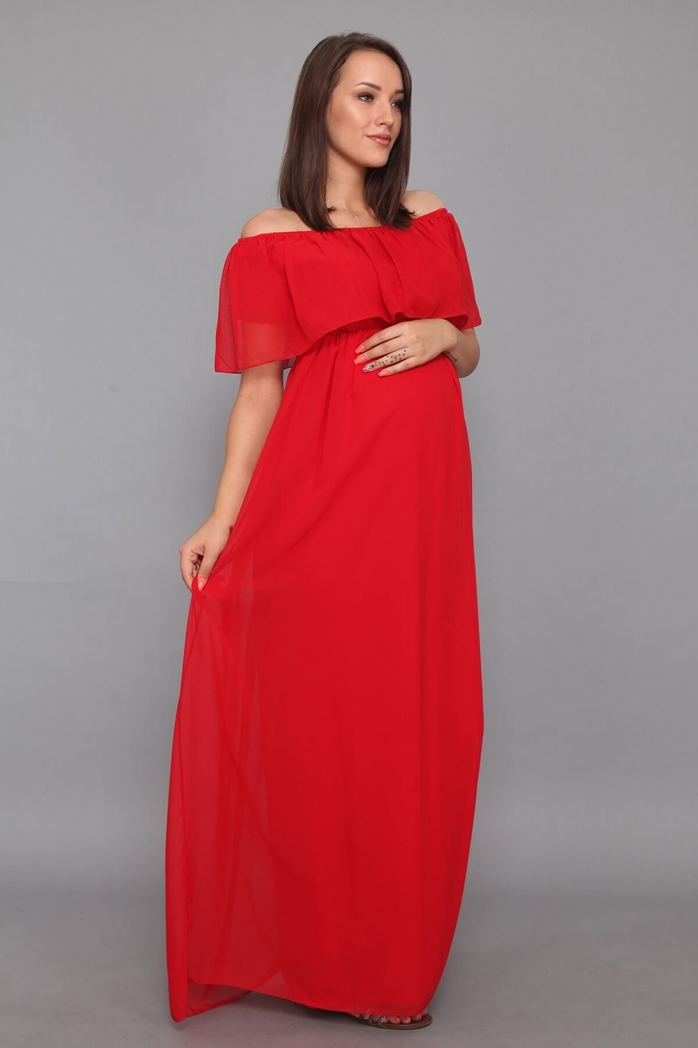 Moda Labio Babyshower Şifon Düşük Omuz Kırmızı Hamile Elbisesi görsel 2