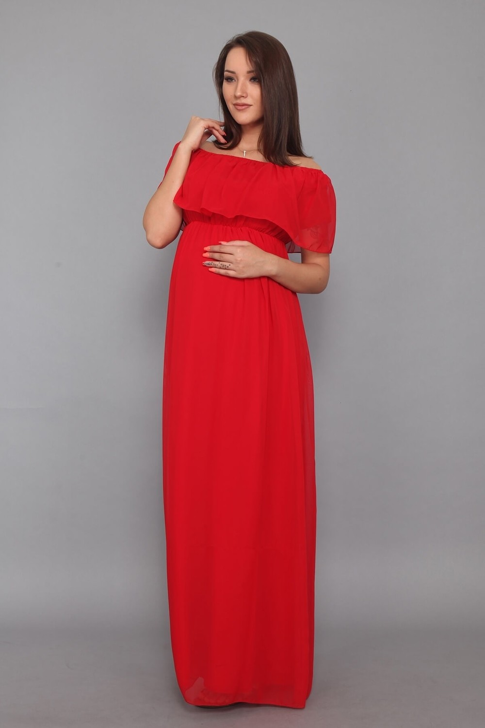 Moda Labio Babyshower Şifon Düşük Omuz Kırmızı Hamile Elbisesi görsel 3