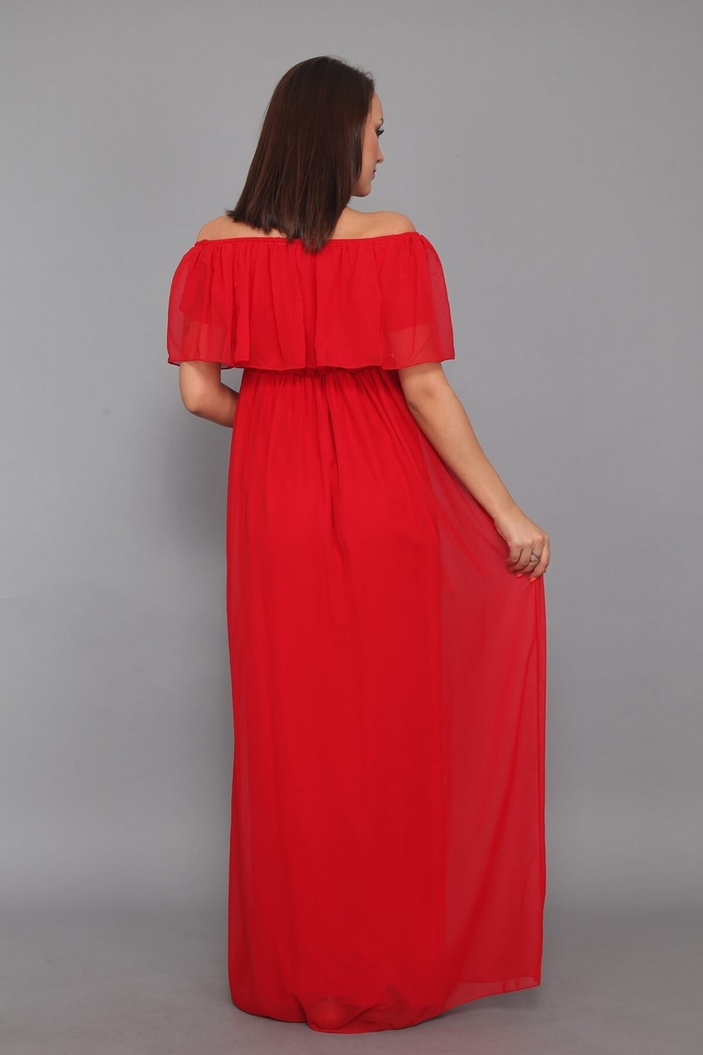 Moda Labio Babyshower Şifon Düşük Omuz Kırmızı Hamile Elbisesi görsel 4