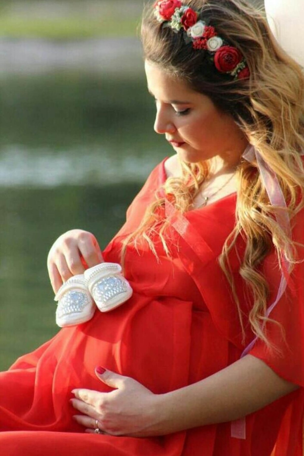 Moda Labio Babyshower Melek Kol Kırmızı Hamile Elbisesi görsel 2